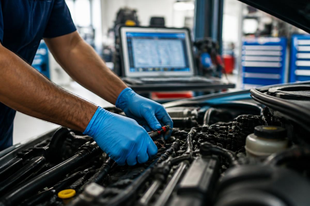 Mechaniker bei der professionellen Fahrzeugdiagnose in der Jäkel Werkstatt